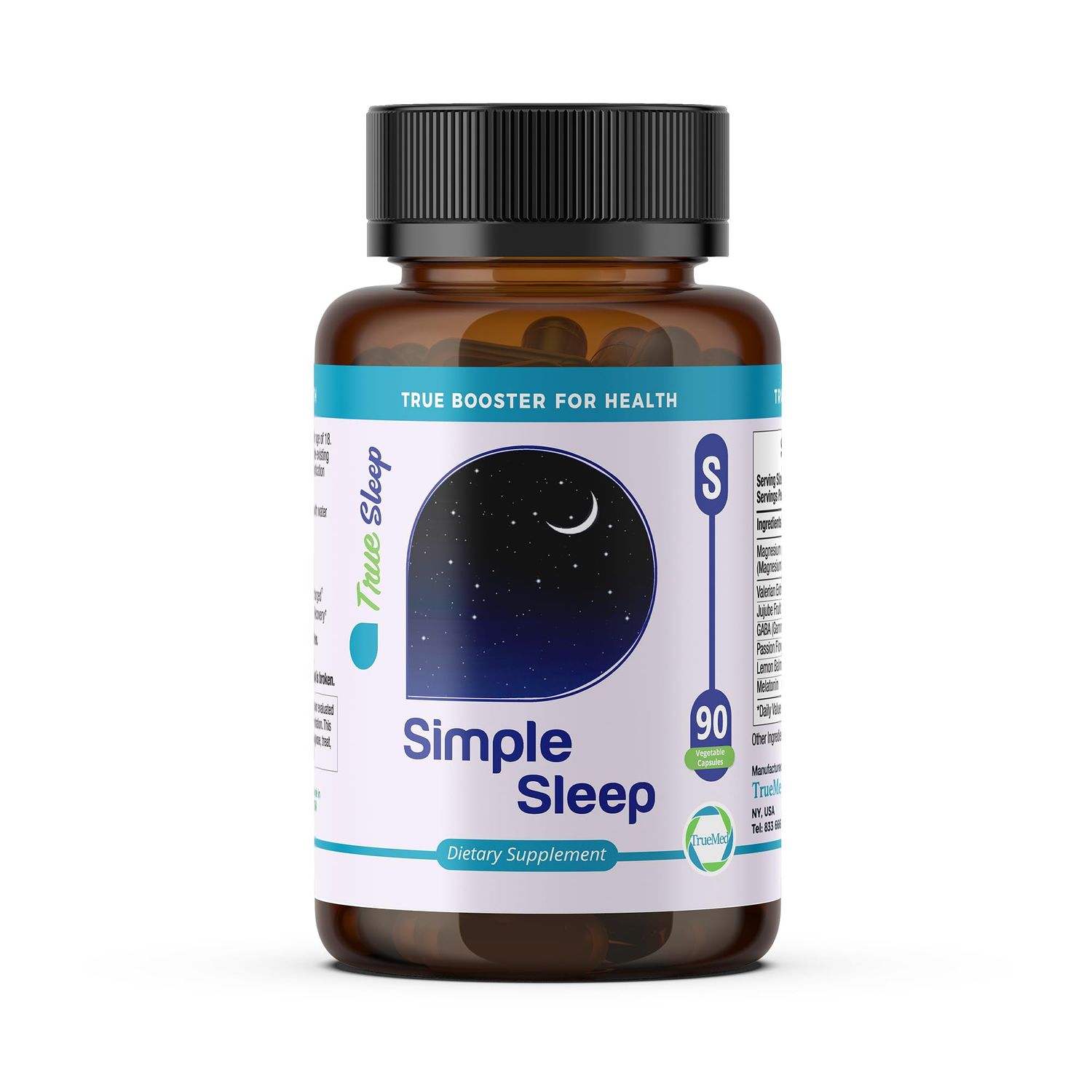 TrueMed Sleep Support Supplement Natural Relaxation, Formula Magnesium Glycinate, Valerian Extract, GABA, Melatonin, Passion Flower, Lemon Balm Promote Calm Improve Sleep Quality 90 Capsules