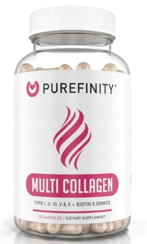 PUREFINITY Collagen Peptides for Women - Type I, II, III, V X with Biotin Hyaluronic Acid, Supports Healthy Skin, Bones, Hair Nails - Non-GMO, Grass-Fed, 90 Capsules (1 Month Supply)
