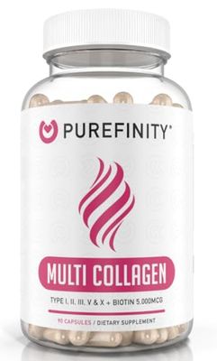 PUREFINITY Collagen Peptides for Women - Type I, II, III, V X with Biotin Hyaluronic Acid, Supports Healthy Skin, Bones, Hair Nails - Non-GMO, Grass-Fed, 90 Capsules (1 Month Supply)