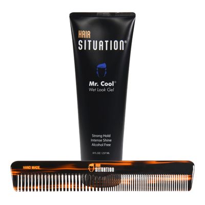 Hair Situation Hair Gel Mr. Cool Wet Look and Styling Comb with Fine and Wide Tooth - Handmade for Head Hair, Beard, Mustache - Fine or Coarse Hair Grooming for Men
