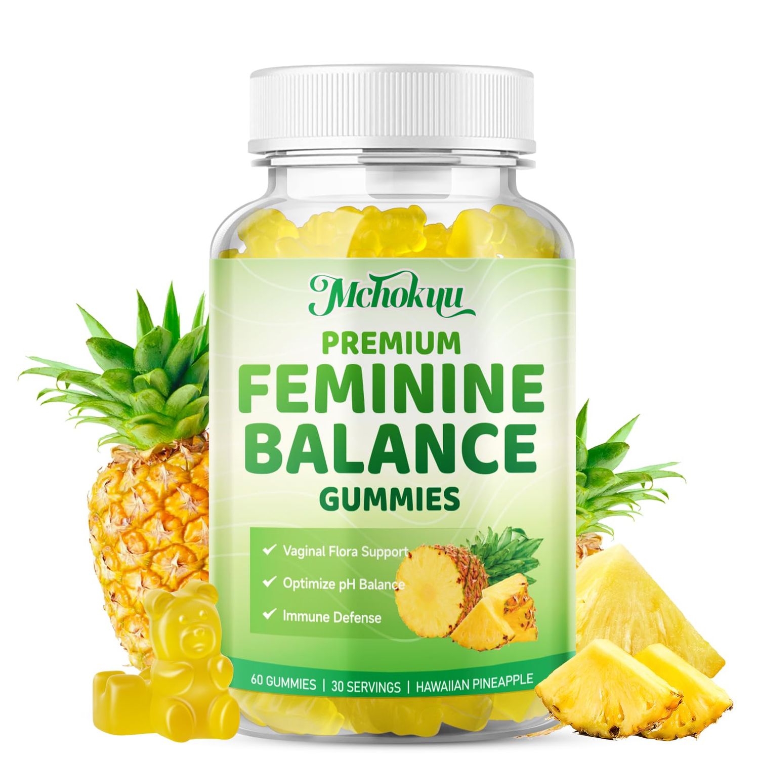 Mchokuu Premium Feminine Balance Gummies for Women&#39;s Health Wellness, pH Balance, Immune Support, Sugar Free, Vegan Gluten-Free, Hawaiian Pineapple Flavor - 60 Gummies, 30 Servings