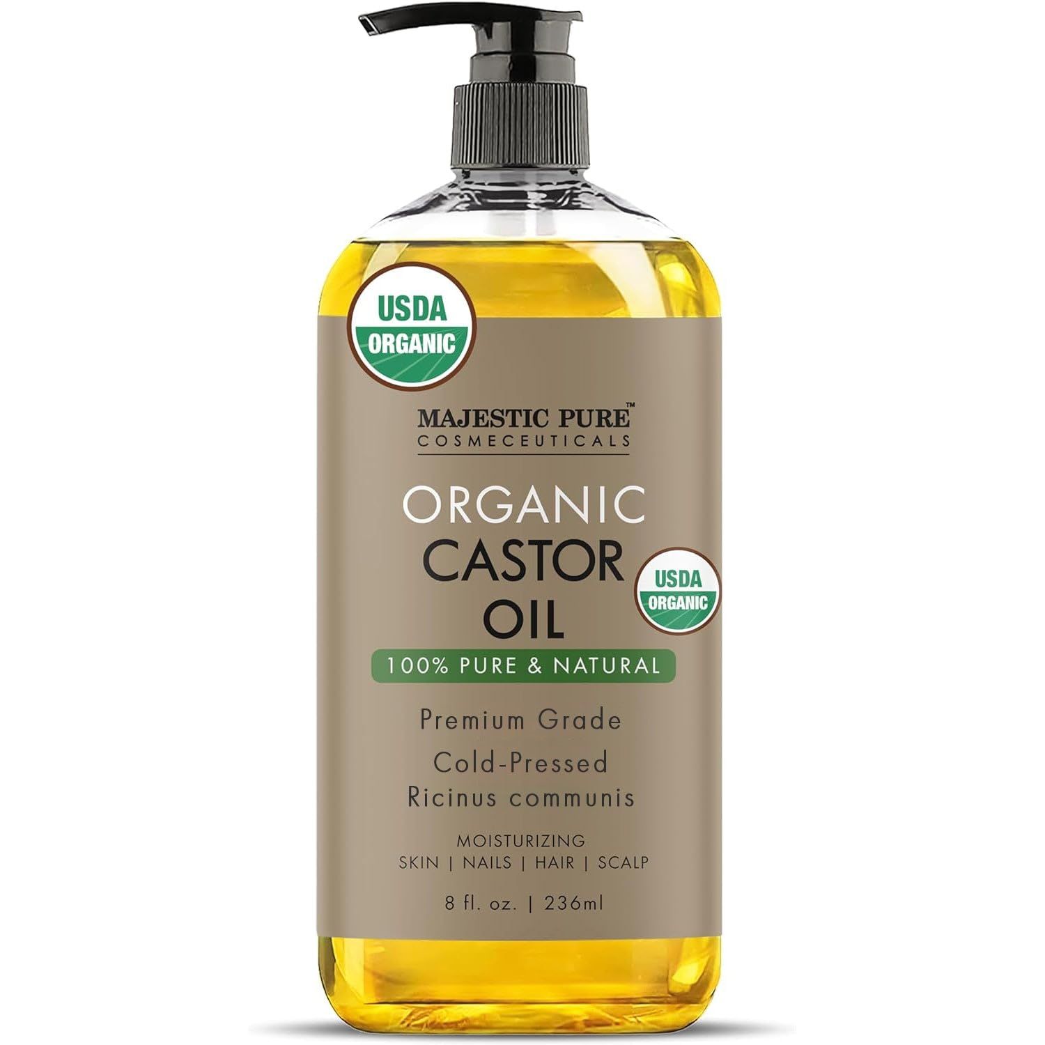 Majestic Pure Castor Oil Hexane Free 100 Pure Cold Pressed Stimulate Growth for Hair, Eyelashes, Eyebrows, Nails Moisturizing Nourishing Body, Hair Carrier Oil 8 Fl Oz