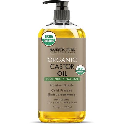Majestic Pure Castor Oil Hexane Free 100 Pure Cold Pressed Stimulate Growth for Hair, Eyelashes, Eyebrows, Nails Moisturizing Nourishing Body, Hair Carrier Oil 8 Fl Oz