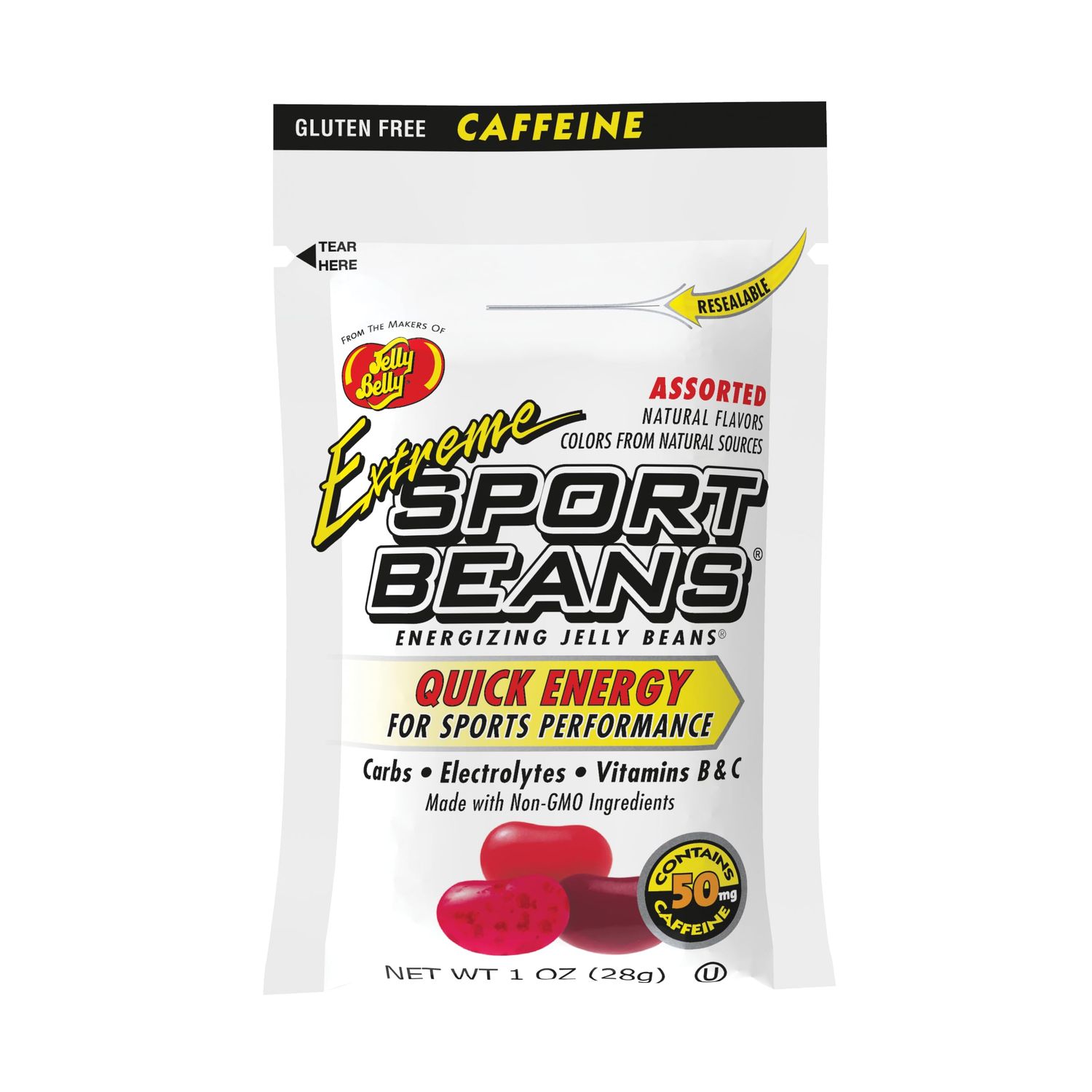 Extreme Sport Beans, Assorted Flavors with Caffeine, 1 Ounce Resealable Bag - 3 Naturally Fruity Flavors with Electrolytes and Vitamins - Kosher Jelly Belly Jelly Beans to Fuel Intense Exercise