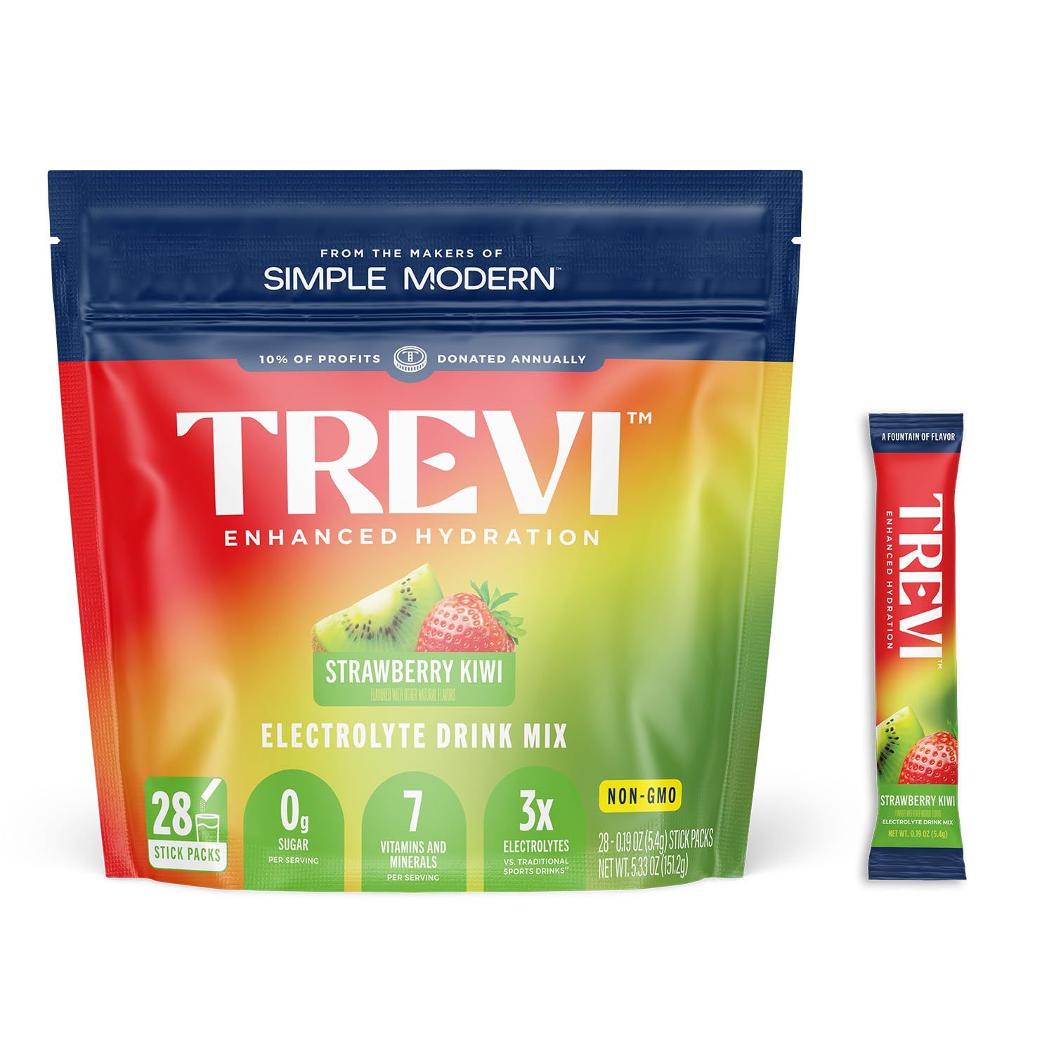 Trevi Sugar Free Electrolytes - Drink Mix Hydration Powder Packets - 28 Count - Strawberry Kiwi