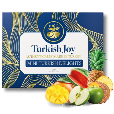 Turkish Joy Mini Turkish Delights Made in Turkey Natural Fruit Flavors 250g of Lokum Turkish Delight Candy Assorted Tropical Fruits Flavor Box