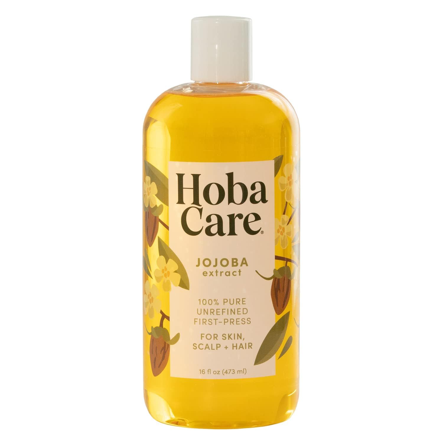 HobaCare Jojoba Oil - 100 Pure, Unrefined Jojoba Oil for Skin Nails - Moisturizing Body Oil Face Moisturizer for Dry Skin - Natural Jojoba Oil for Hair Beard Care (16 fl oz)