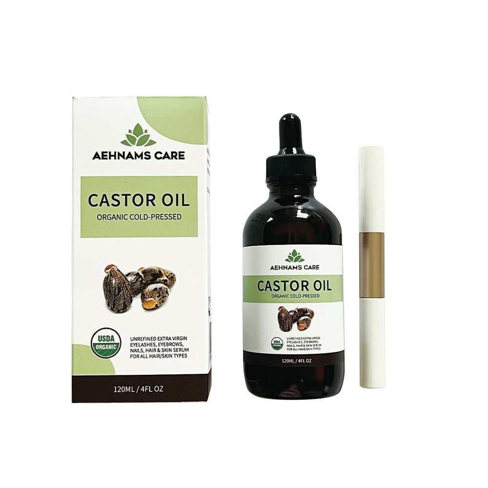 AEHNAMS CARE 100 Pure Castor Oil - USDA Organic, Cold-Pressed, Unrefined, Hexane-Free- 120ml for Healthy Skin, Eyelashes, Eyebrows, Hair Growth Nail Conditioner with Mascara Eyeliner tube (120ml)