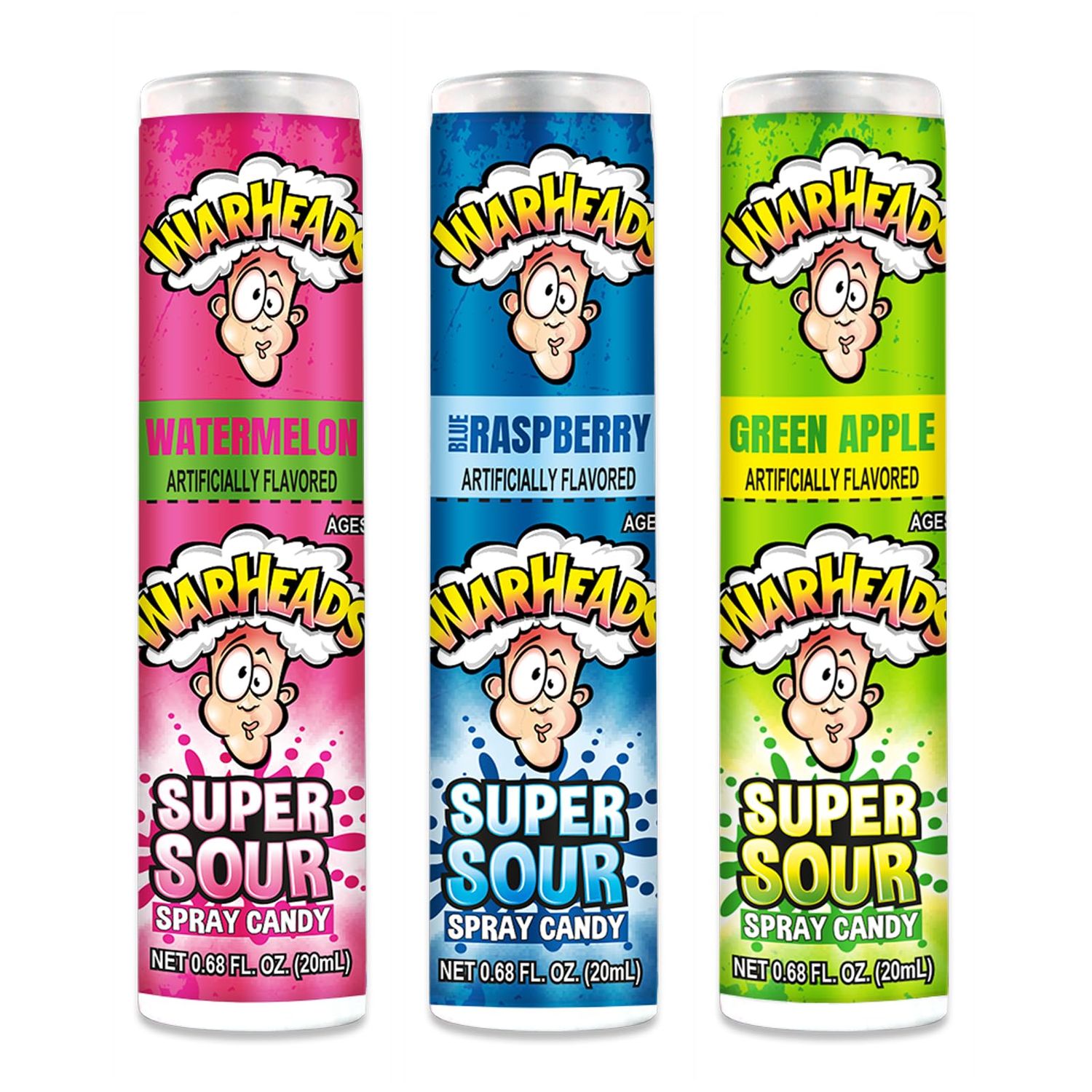 WARHEADS - Super Sour Candy Spray - Blue Raspberry, Green Apple and Watermelon Flavors - 0.68 oz. Bottles - 3 Pack