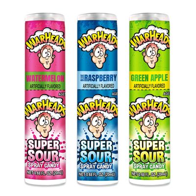 WARHEADS - Super Sour Candy Spray - Blue Raspberry, Green Apple and Watermelon Flavors - 0.68 oz. Bottles - 3 Pack