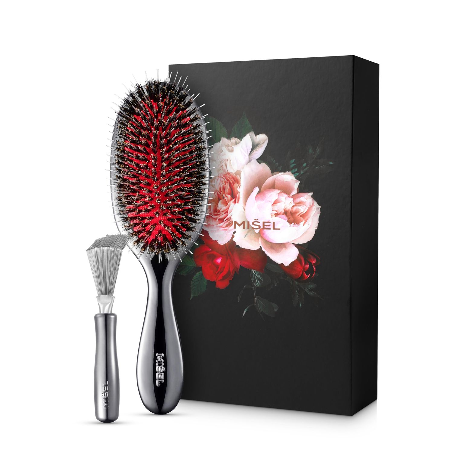 MISEL Boar Bristle Hair Brush and Cleaner Bundle For Women Men Detangles Thin or Thick Hair and Extensions Reduces Breakage For Natural or Straight Hair Medium