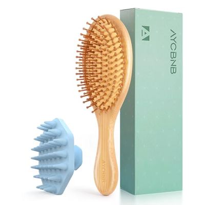 AYCBNB Natural Bamboo Hair BrushScalp Massager Shampoo Brush Set, Silicone Body Scrubber, Scalp Exfoliator Detangling Brush,Scalp Stimulator,Paddle Bristles Brush for Women Men Kids, All Hair Types