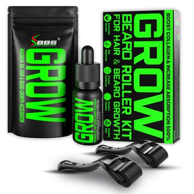 Beard Growth Kit wBeard Roller Kit (2-pack of Hair Follicle Stimulator Beard Roller for Hair Growth Men of All Skin Types Can Use as a Follicle Booster) GROW Beard Growth Oil for Men