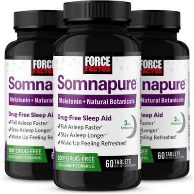 Force Factor Somnapure 3-Pack, Drug-Free Sleep Aid for Adults for Occasional Sleeplessness with Melatonin Valerian, Non-Habit-Forming Sleeping Pills, Fall Asleep Faster, 180 Tablets