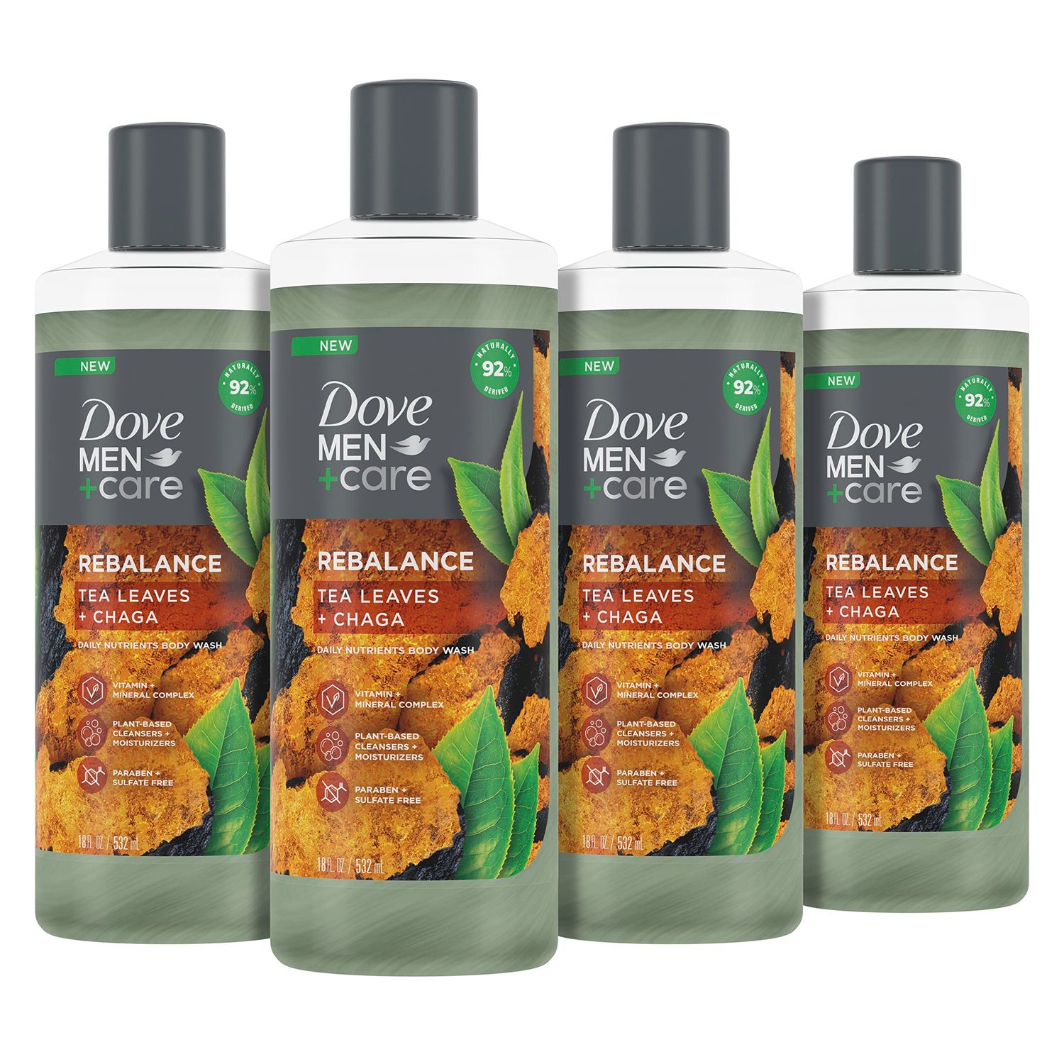 DOVE MEN CARE Rebalance Body Wash Tea Leaves and Chaga 4 Count With Vitamin and Mineral Complex Moisturizing Body Wash with Plant Based Ingredients 18 oz