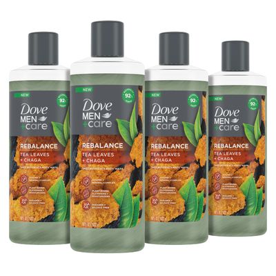 DOVE MEN CARE Rebalance Body Wash Tea Leaves and Chaga 4 Count With Vitamin and Mineral Complex Moisturizing Body Wash with Plant Based Ingredients 18 oz