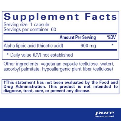 Pure Encapsulations Alpha Lipoic Acid 600 mg - ALA Supplement for Liver Support, Antioxidants, Nerve Health, Cardiovascular Health Carbohydrate Support - Premium Alpha Lipoic Acid - 60 Capsules