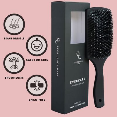 Everlong Hair Boar Bristle Brush, Black, Adds Shine Promotes Hair Growth, Scalp Massage Detangling, Safe for All Hair Types Extensions Wigs, Matte Black Coated Ergonomic Handle