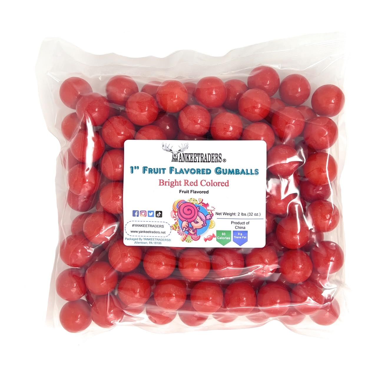 YANKEETRADERS Bright Red Fruit Flavored Gumballs 1&quot;, 2 Pounds Bulk