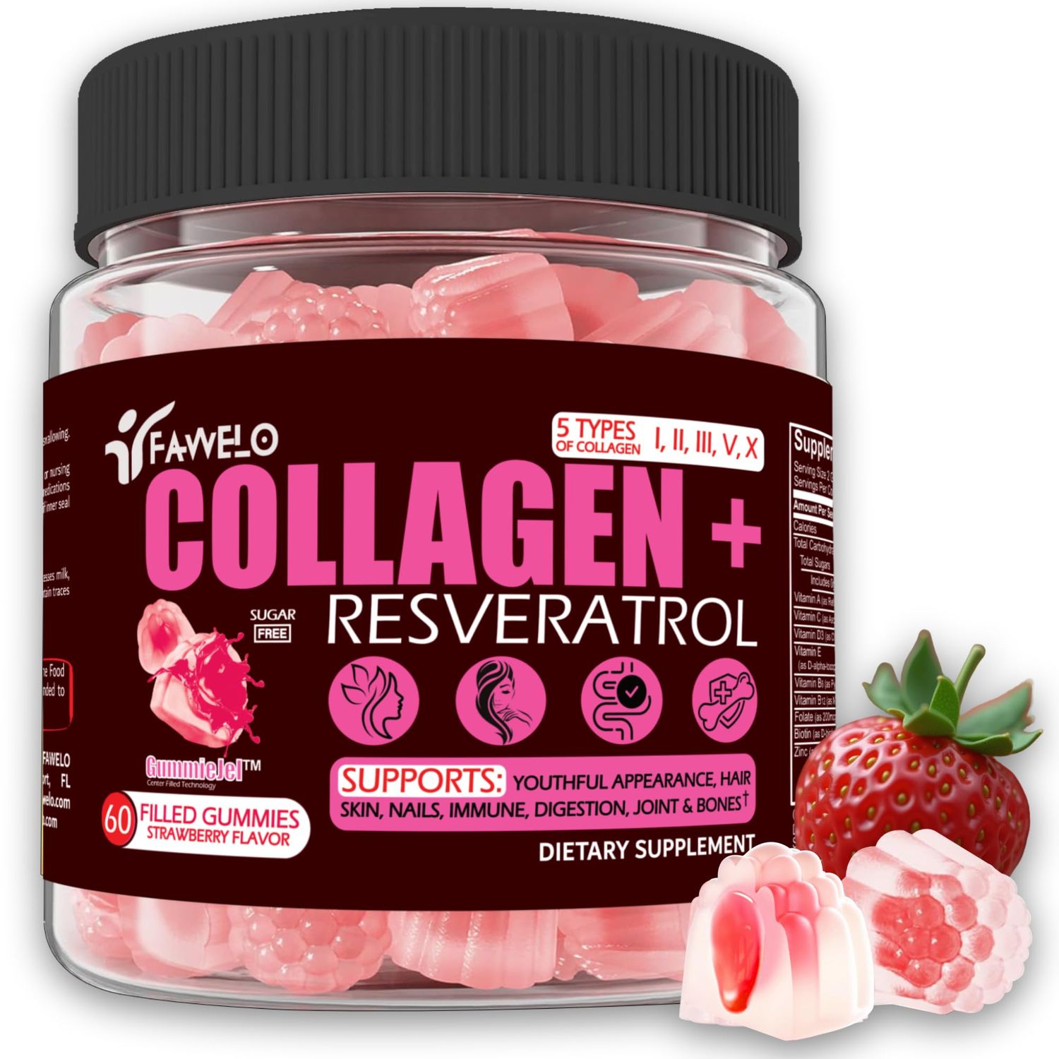 Multi Collagen Gummies Peptides Hydrolyzed Type I, II, III, V, X Plus Resveratrol Hyaluronic Acid Biotin Gummies for Hair Skin and Nails Vitamins Colageno Hidrolizado for Women Men Sugar Free