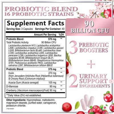 Probiotics for Women 90 Billion CFU, pH Balance for Feminine Vaginal Odor, 16 Probiotic Strains with Prebiotics, Cranberry, D-Mannose Digestive Health, Immune Support, Shelf Stable - 120 Capsules