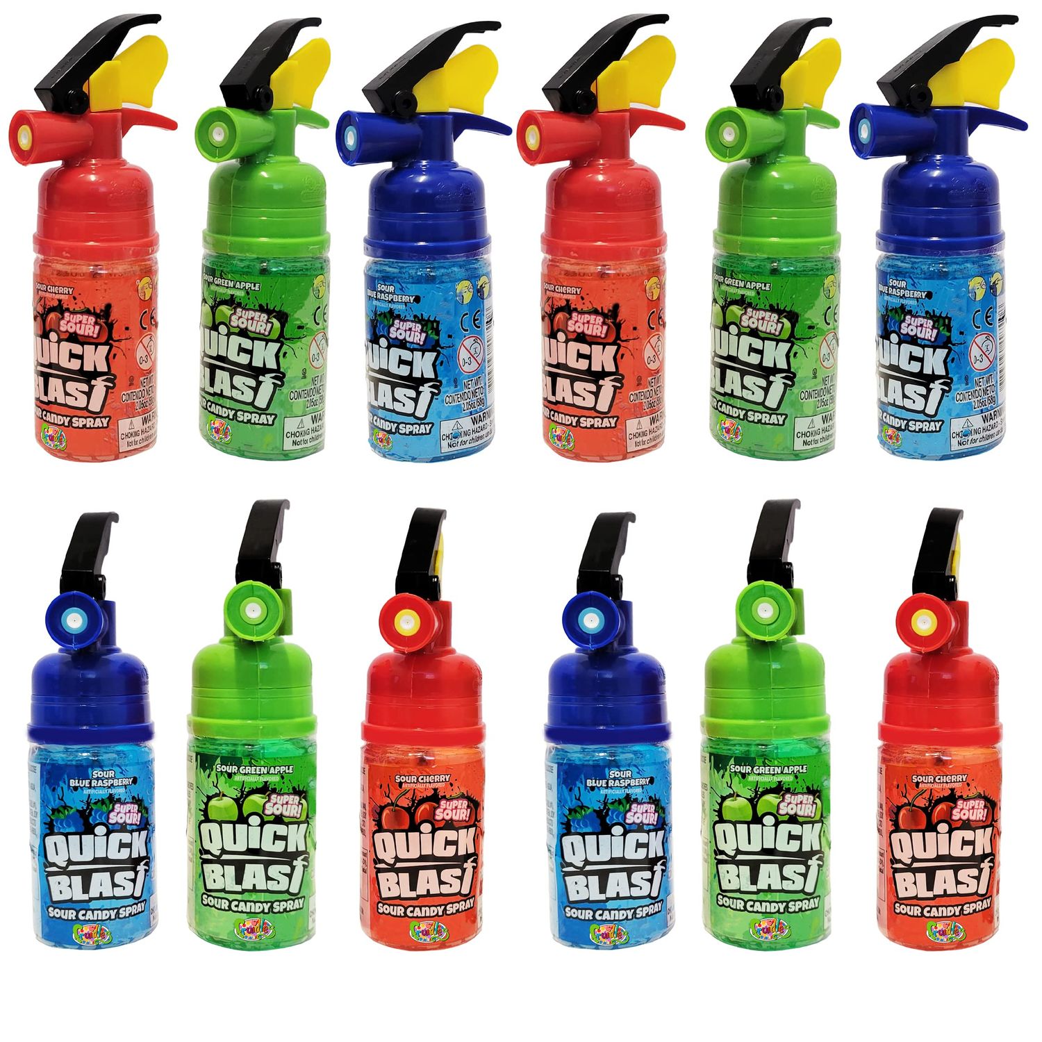 The Dreidel Company Candy Spray Comes in Three Flavors Cherry Splash Blue Raspberry Blast Sour Apple Blast, Kosher Certified, 2.01 OZ Per Bottle 57 Grams (Fire Extinguisher Quick Blast, 12-Pack)