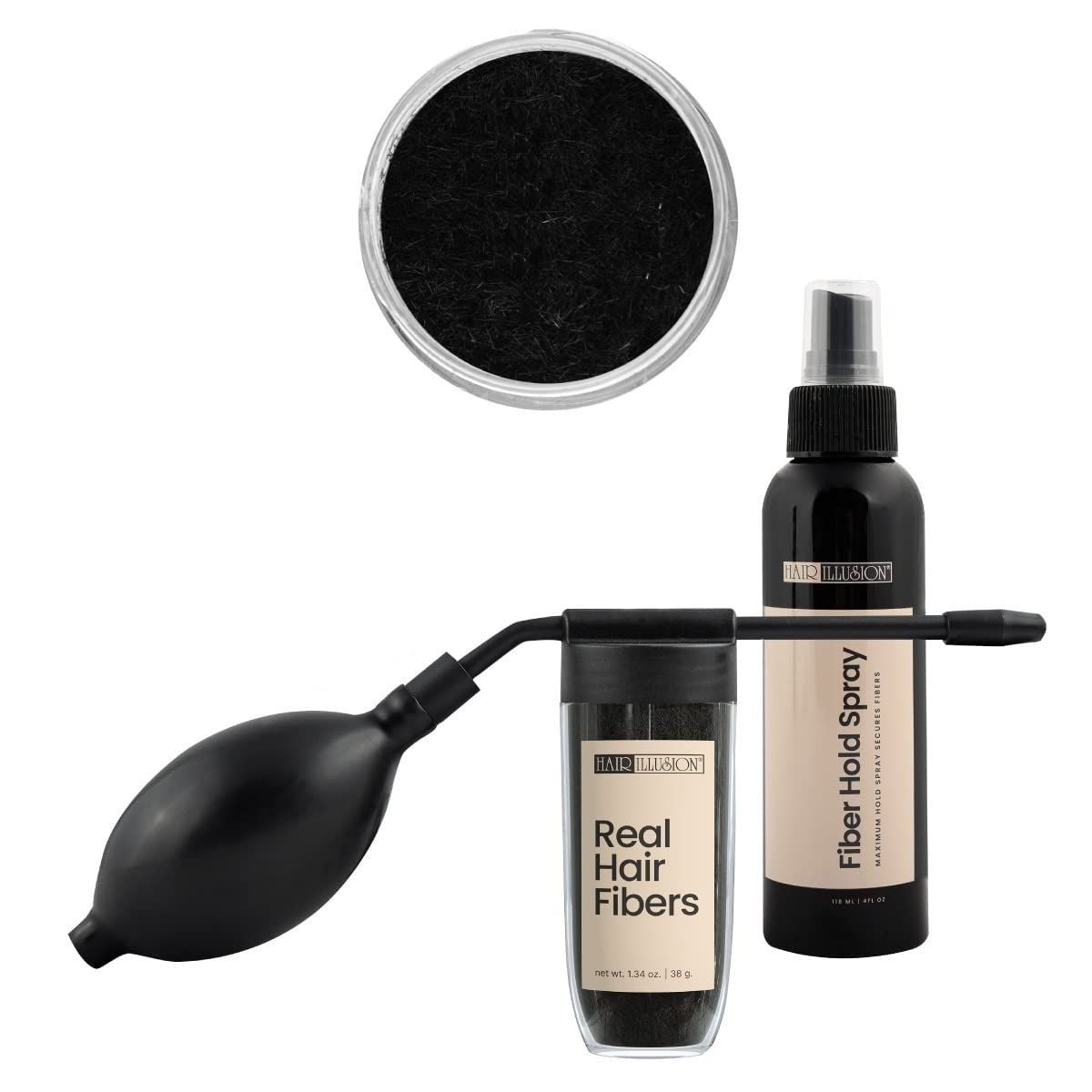 Hair Illusion Combo Kit - Hold Spray, 38g Hair Fiber Bottle, Applicator Hairline Optimizer (Jet Black)