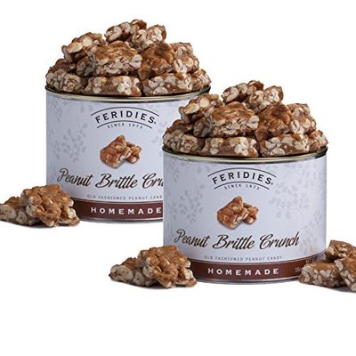 FERIDIES Unique Candy Nut Tins Homemade Peanut Brittle Crunch, Top Grade Virginia Peanuts, No Preservatives, 18oz Vacuum Sealed 1.12 Pound (Pack of 2) Peanut Brittle