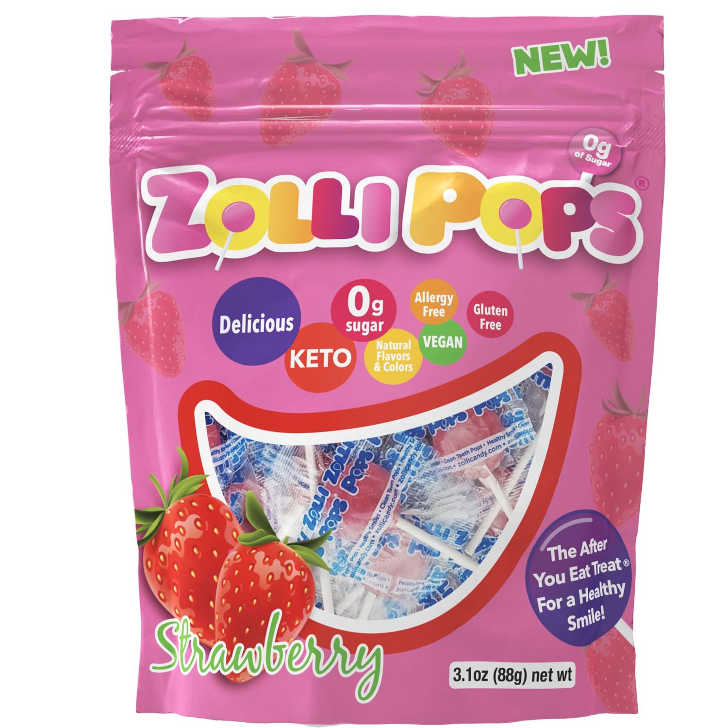 Zollipops Clean Teeth Lollipops AntiCavity Sugar Free Candy for a Healthy Smile Great for Kids Diabetics and Keto Diet Strawberry 3.1oz