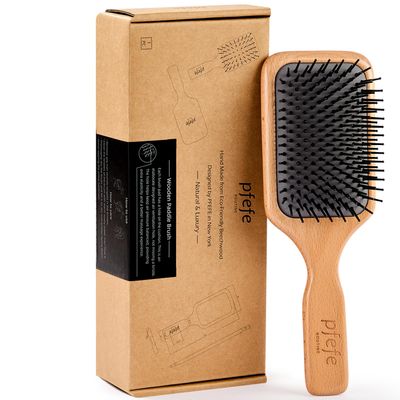 Wooden Paddle Hair Brush - Square Detangling Reducing Breakage Hairbrush for Men Women, Beechwood Air Cushion Brush with Travel Bag for Thick, Curly, Wet, Dry Hair