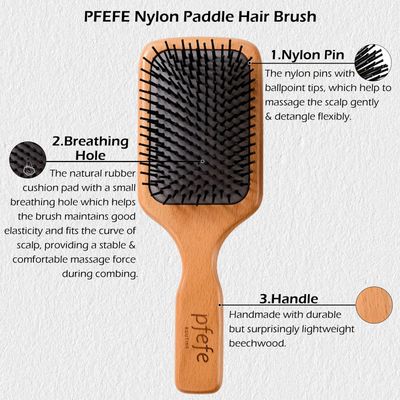 Wooden Paddle Hair Brush - Square Detangling Reducing Breakage Hairbrush for Men Women, Beechwood Air Cushion Brush with Travel Bag for Thick, Curly, Wet, Dry Hair