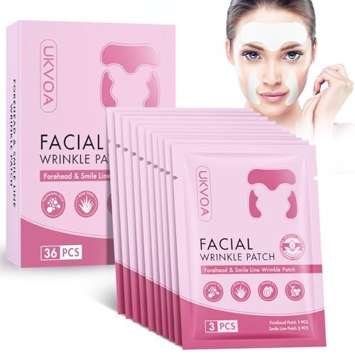UKVOA Forehead Wrinkle Patches Smile Line Patches, Overnight Facial Wrinkle Treatment with Hyaluronic Acid, Aloe, Collagen Vitamin E to Lift Smile Lines for Women 36pcs