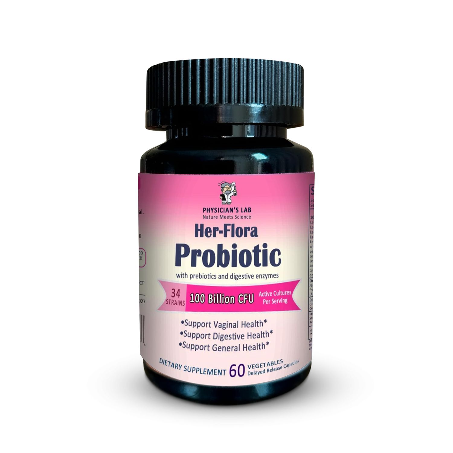 Physicians Lab Her-Flora Womens Probiotic 100 Billion CFU per Capsule, Non-GMO, 34 Strains, with Prebiotics Digestive enzymes, Gut Vaginal Health, H.Pylori Support, 60 Veg Caps,2-Months Supply!
