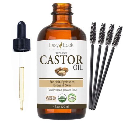 EASY LOOK Castor Oil 4oz, USDA Certified Organic 100 Pure, Stimulate Growth for Eyelashes, Eyebrows, Hair. Skin Moisturizer Hair Treatment Starter Kit