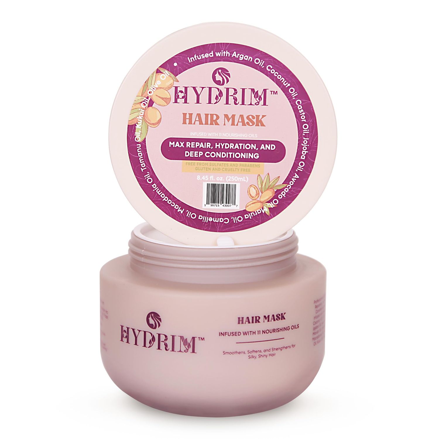 Hydrim Botanical Hydrating Hair Mask for Damaged Hair - Max Repair Deep Hair Conditioner - Hair Moisturizer, Infused with Argan Oil Plus 10 More Nourishing Oils - Fresh Floral Aroma, 8.45 fl oz