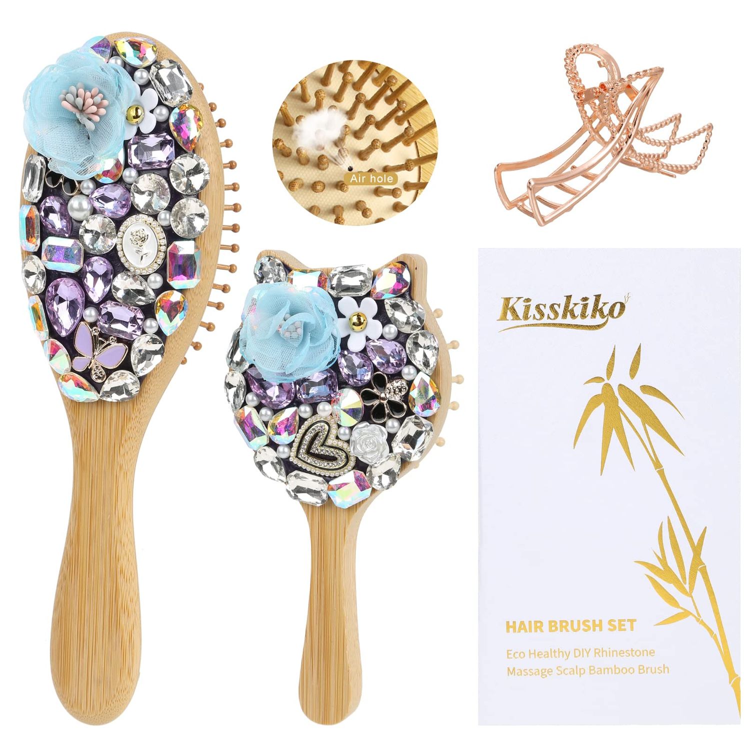 KISSKIKO Bamboo Hair Brush Set for Women Crystal Zircon Inlay Massage Scalp Unique Eco Large Small Hairbrush - Gentle Stylish Suitable All Hair Types and Occasions