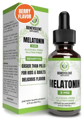 Benevolent Melatonin Liquid for Adults 3mg, Liquid Melatonin Drops for Kids 2 Month Supply, Berry Vanilla Flavor Made in USA, Melatonin Sleep Aid Helps Fall Asleep Faster Stay Asleep Longer