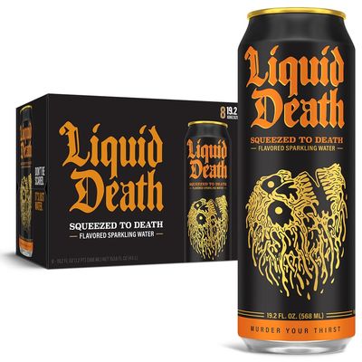 Liquid Death, Squeezed to Death, Orange-Flavored Sparkling Water, 8-Pack (19.2oz Cans), Low Calorie No Artificial Sweeteners