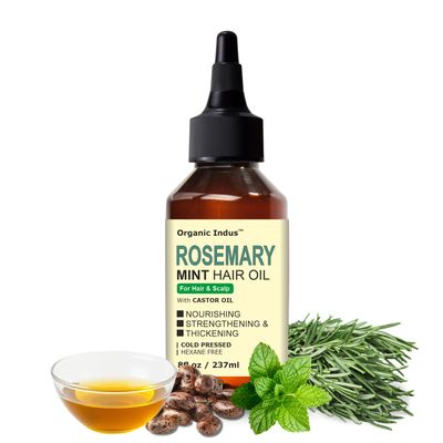 Organic Indus Rosemary Mint Scalp Hair Strengthening Oil for Thicker, Stronger Hairs Infused with Castor Oil, 8 Ounce
