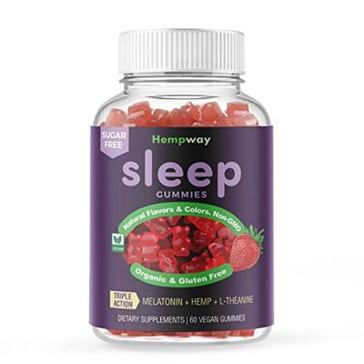 HEMPWAY Hemp Gummies for Sleep l theanine Supplement Hemp melatonin Triple Action - Calm Gummies for Adults and melatonin Kids - Sugar Free Strawberry Vegan 60 ct