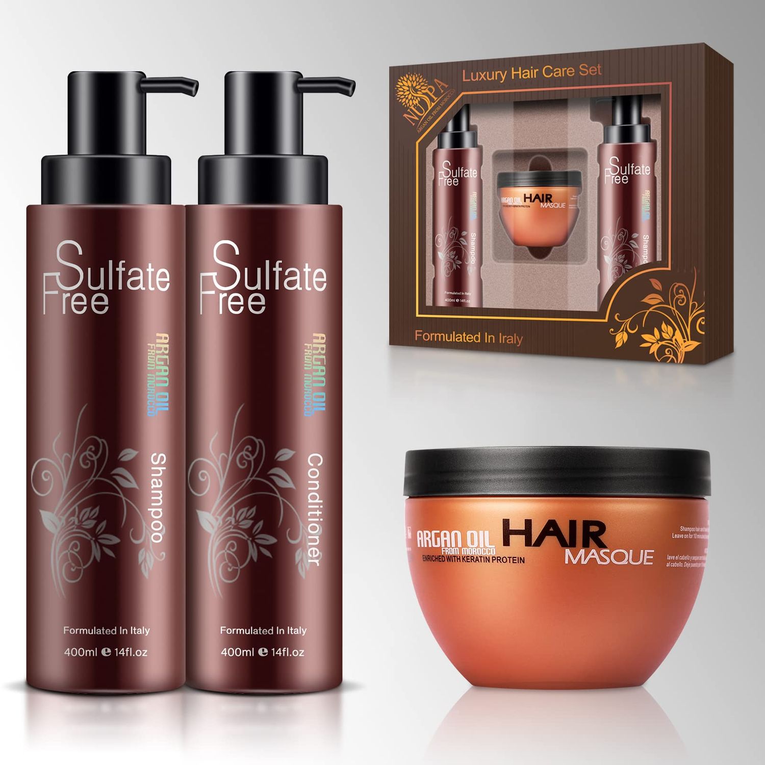 Nuspa Moroccan Argan Oil Hair Care Set - Sulfate Free for Damaged, Dry, Frizzy, Color Safe, Keratin Treated Hair with Long Lasting Shine