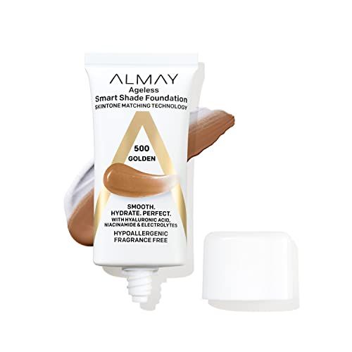 Almay Anti-Aging Foundation, Smart Shade Face Makeup with Hyaluronic Acid, Niacinamide, Vitamin C E, Hypoallergenic-Fragrance Free, 500 Golden, 1 Fl Oz (Pack of 1)