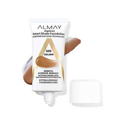 Almay Anti-Aging Foundation, Smart Shade Face Makeup with Hyaluronic Acid, Niacinamide, Vitamin C E, Hypoallergenic-Fragrance Free, 500 Golden, 1 Fl Oz (Pack of 1)