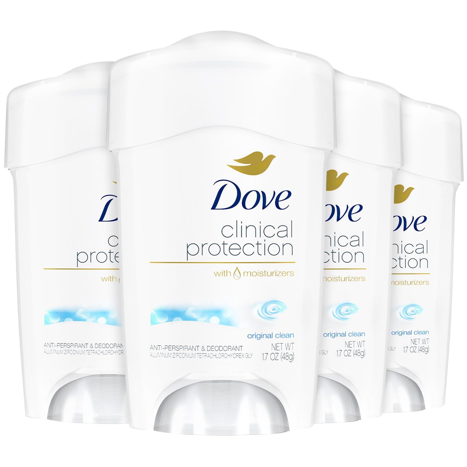Dove Deodorant for Women, Clinical Protection Antiperspirant, Original Clean 4-Pack - Prescription Strength Wetness Protection with Moisturizers, 1.7 Oz Ea