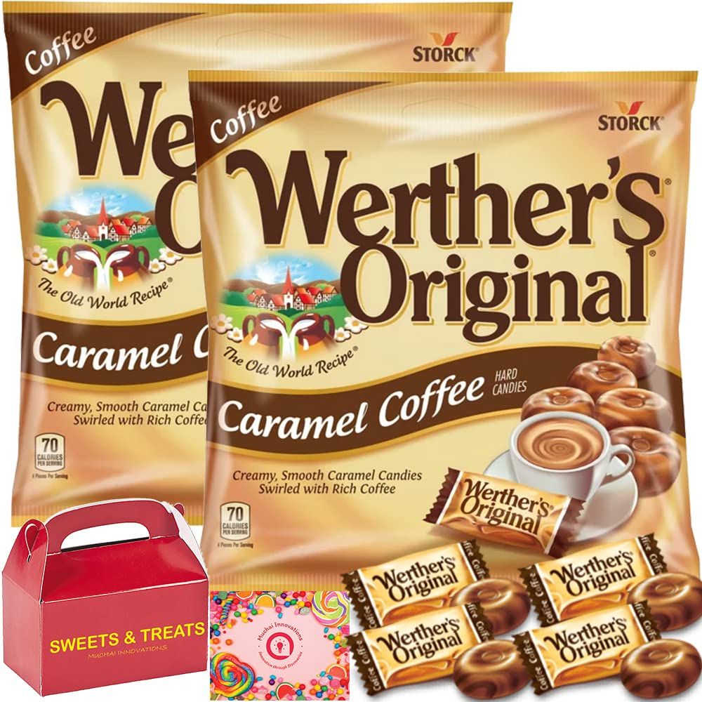 Werther&#39;s Original Caramel Hard Candy Individually Wrapped Creamy Soft Smooth Treat Box Included (Caramel Coffee Swirl - 2 Bags)