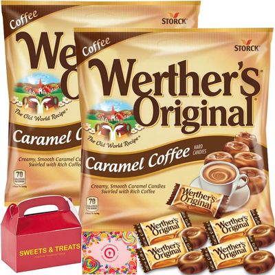 Werther&#39;s Original Caramel Hard Candy Individually Wrapped Creamy Soft Smooth Treat Box Included (Caramel Coffee Swirl - 2 Bags)