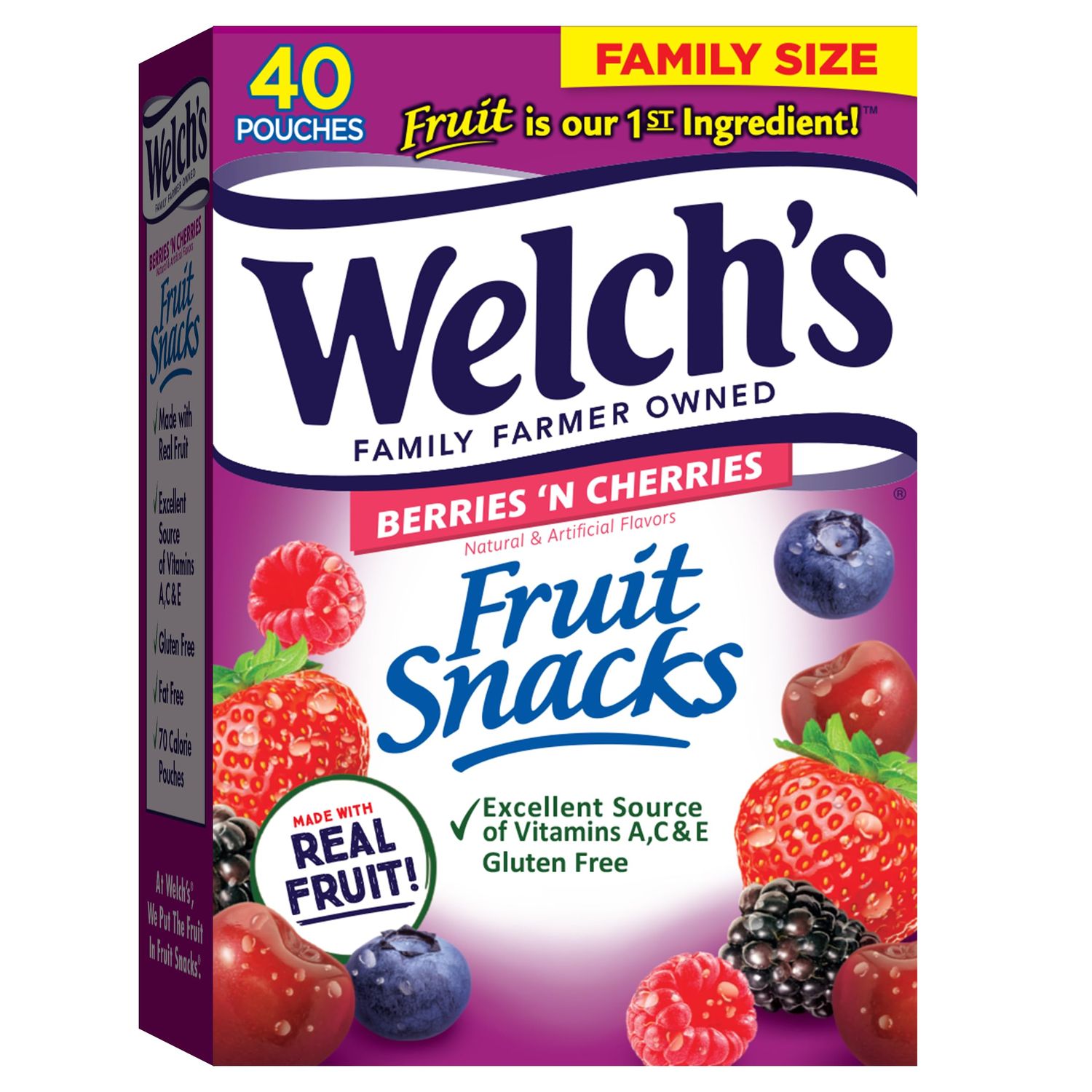 Welch&#39;s Fruit Snacks, Berries &#39;N Cherries, Individual Single Serve Bags, 0.8 oz (Pack of 40)