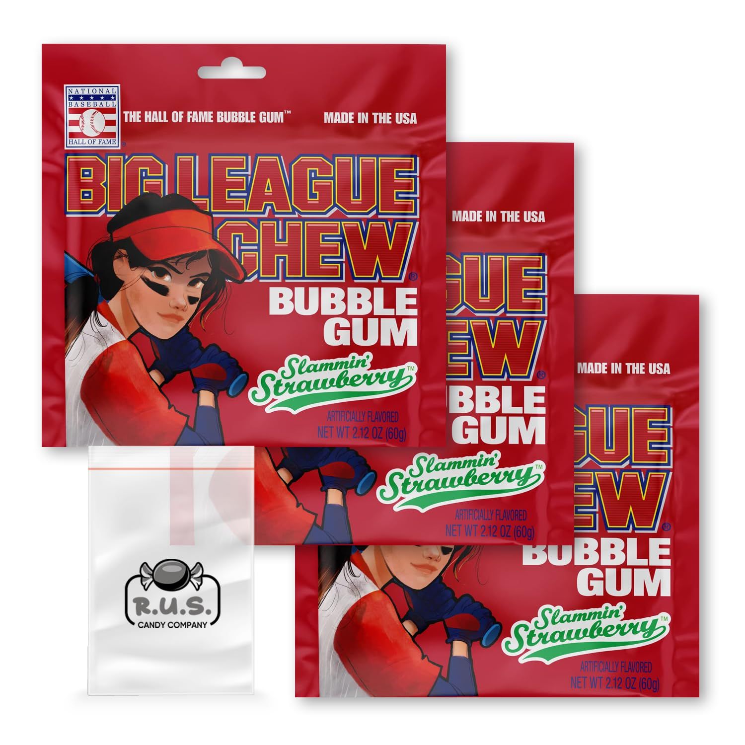 Big League Chew- Slammin&#39; Strawberry Flavored Shredded Bubble Gum- 3 Pack- 2.12oz each plus RUS Candy Company Pocket bag (Slammin&#39; Strawberry)