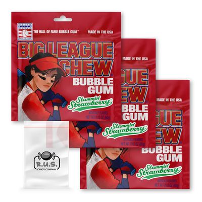 Big League Chew- Slammin&#39; Strawberry Flavored Shredded Bubble Gum- 3 Pack- 2.12oz each plus RUS Candy Company Pocket bag (Slammin&#39; Strawberry)