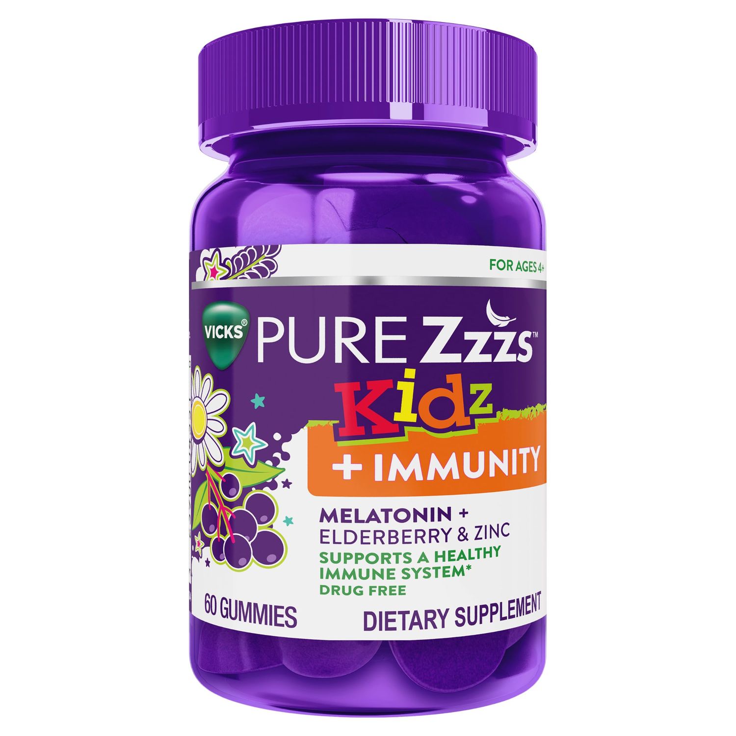 VICKS PURE Zzzs Kidz Immunity, Kids Melatonin Gummy, Sleep Aid, Low Dose Melatonin for Kids, Zinc for Immune Support, Melatonin 1 mg, Melatonin Gummies Kids, Berry Flavor, 60 Sleep Gummies